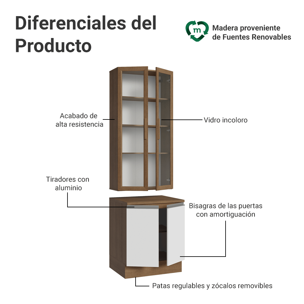 Kit Gabinete + Vitrina 70 cm Marrón/Blanco Glamy 02