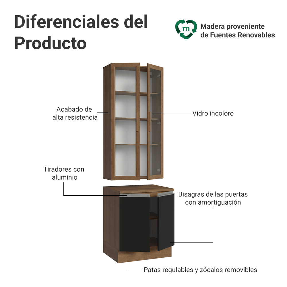 Kit Gabinete + Vitrina 70 cm Marrón/Negro Glamy 02