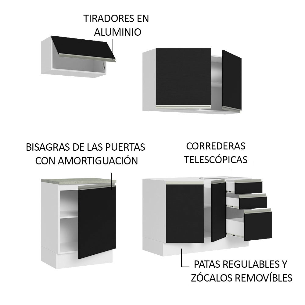 Cocina Compacta 180 cm Blanco/Negro Glamy Madesa