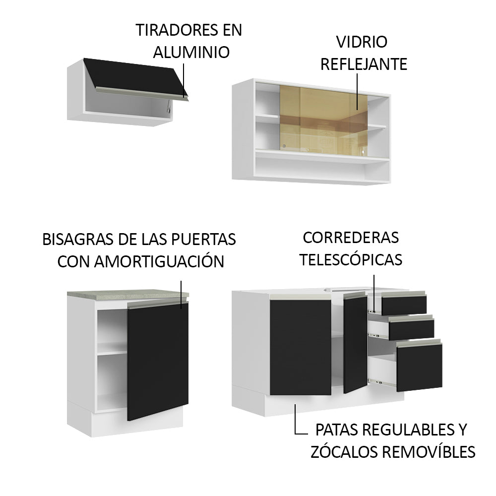 Cocina Compacta 180 cm Blanco/Negro Glamy Madesa