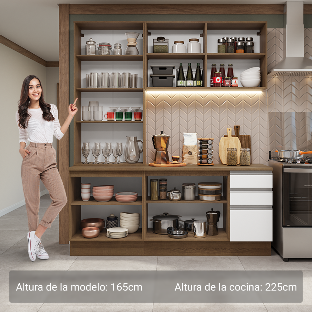 Cocina Compacta 190 cm Con Vitrina Marrón/Blanco Glamy Madesa