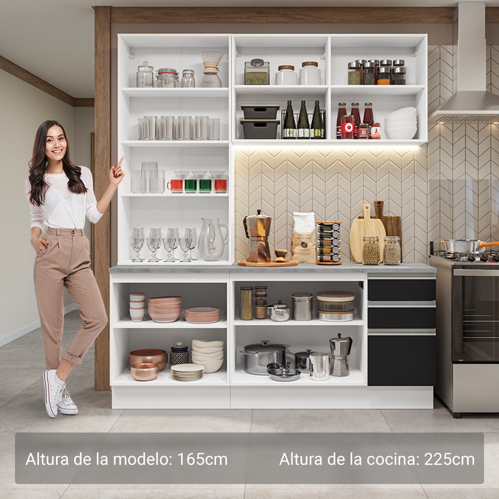 Cocina Compacta 190 cm Con Vitrina Blanco/Negro Glamy Madesa