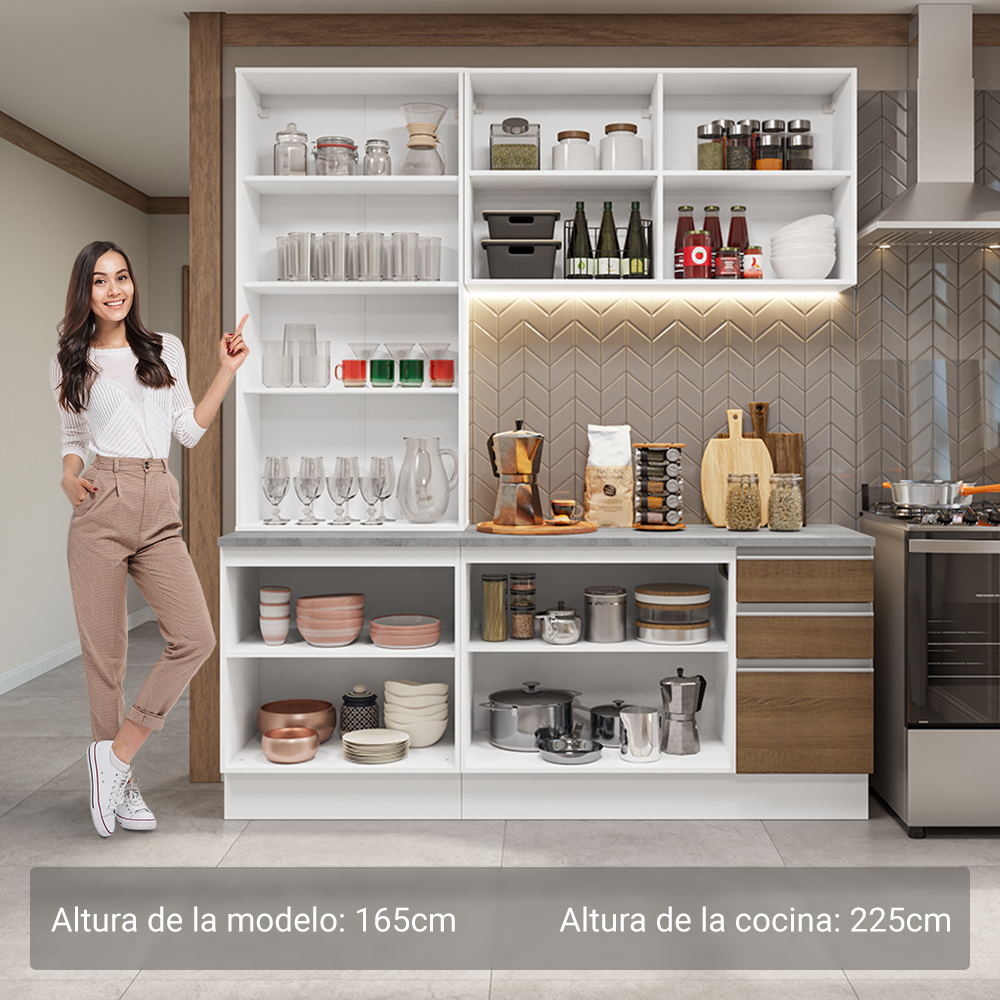Cocina Compacta 190 cm Con Vitrina Blanco/Marrón Glamy Madesa
