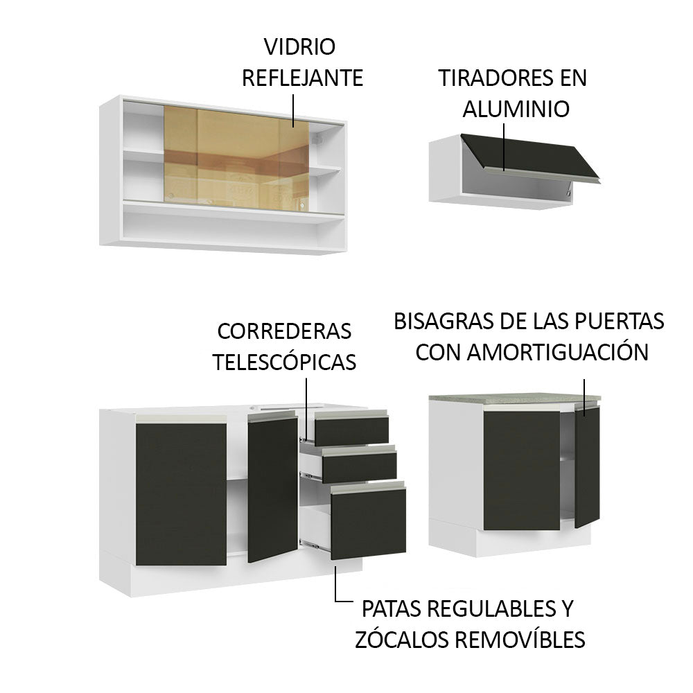 Cocina Compacta 200 cm Blanco/Negro Glamy Madesa