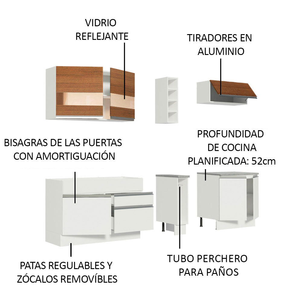 Cocina Compacta 220 x 52 cm 6 Puertas 2 Cajones Blanco/Marrón Glamy Madesa 01
