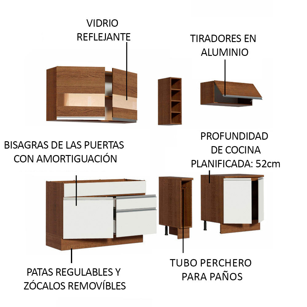 Cocina Compacta 220 x 52 cm 6 Puertas 2 Cajones Marrón/Blanco Glamy Madesa 01