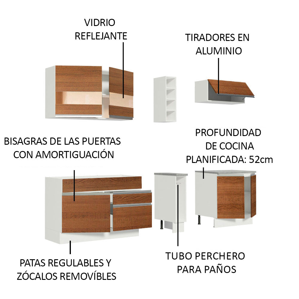 Cocina Compacta 220 x 52 cm 6 Puertas 2 Cajones Blanco/Marrón Glamy Madesa 02