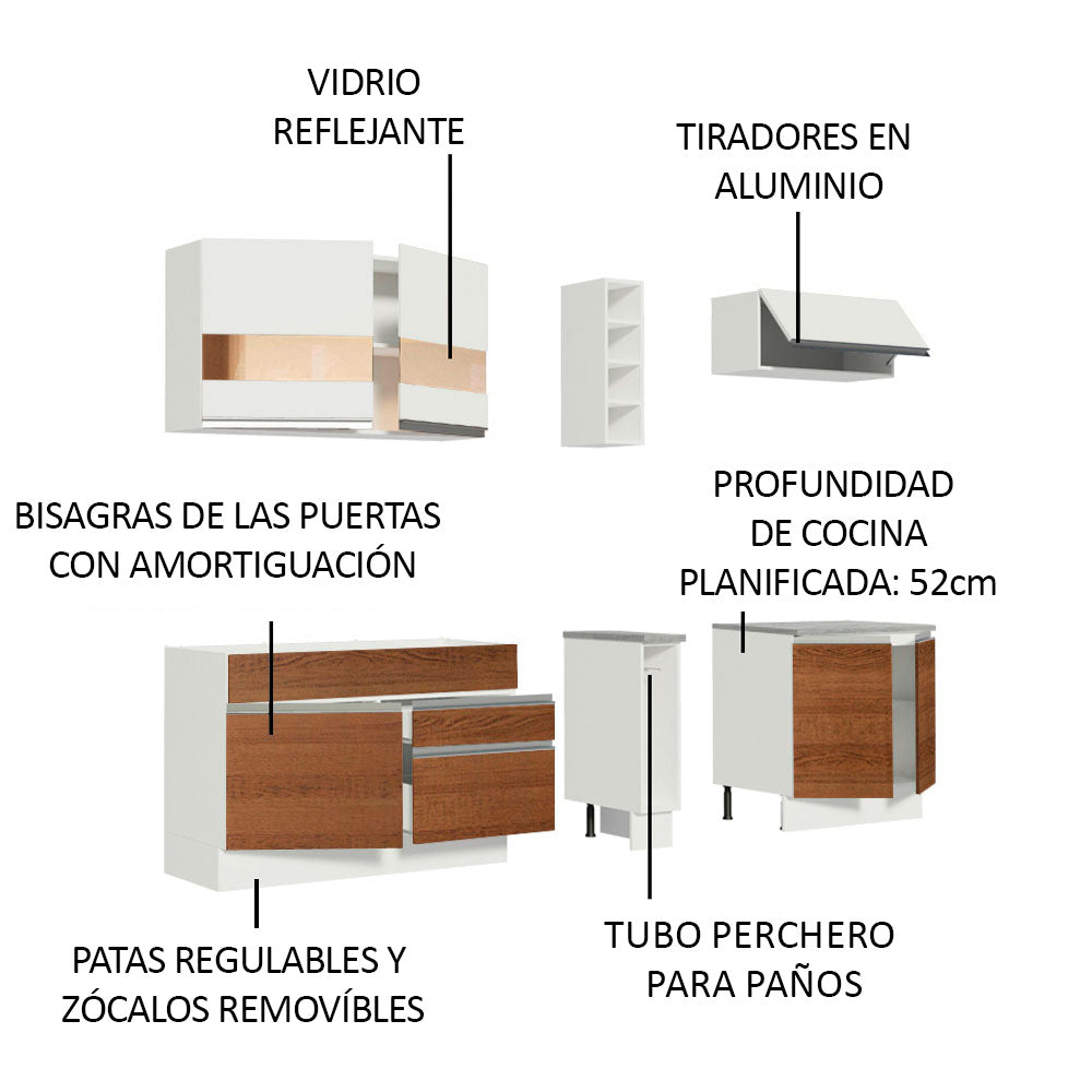 Cocina Compacta 220 x 52 cm 6 Puertas 2 Cajones Blanco/Marrón Glamy Madesa 03