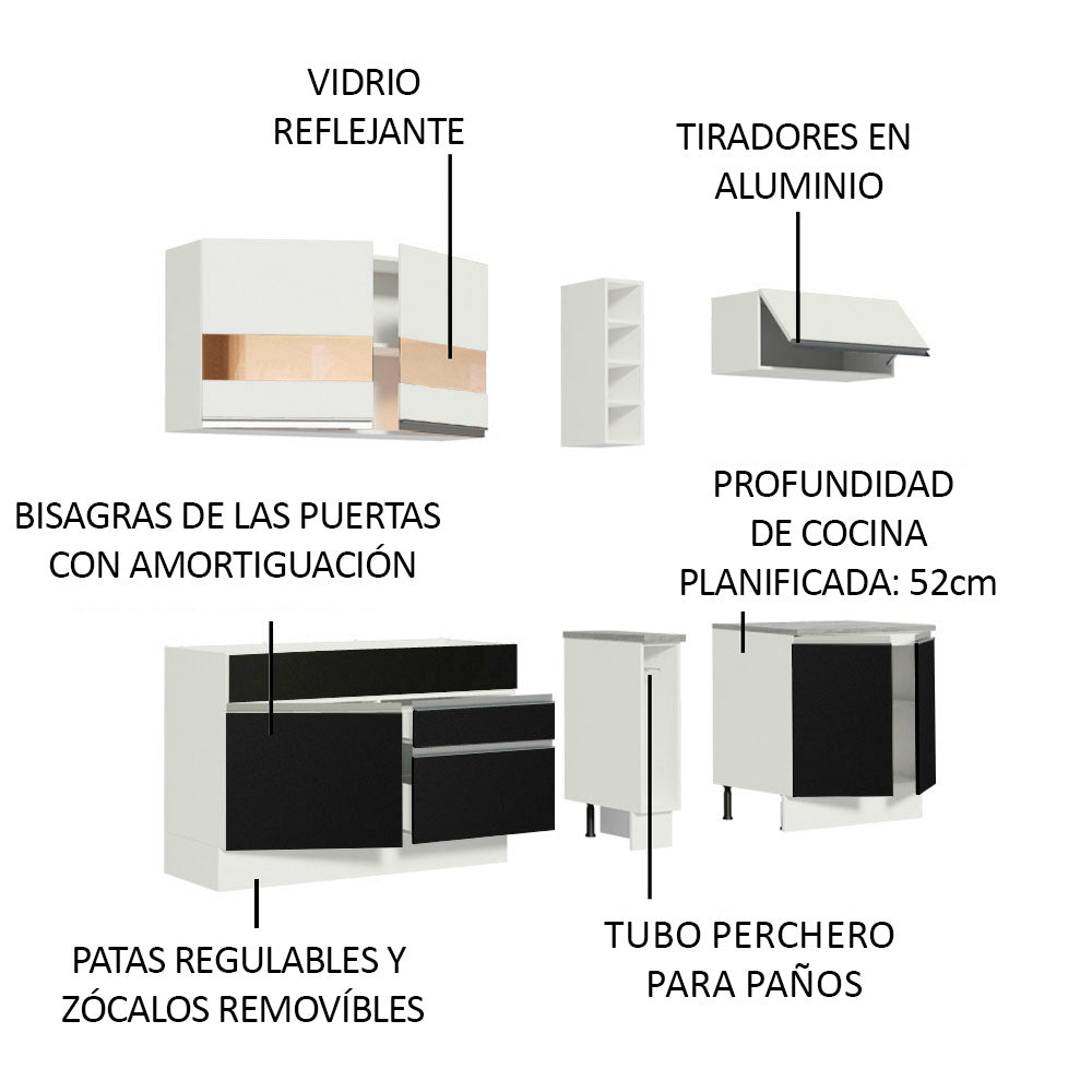 Cocina Integral 220cm Blanco/Negro Glamy 02