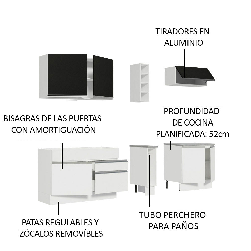 Cocina Compacta 220 x 52 cm 6 Puertas 2 Cajones Blanco/Negro Glamy Madesa 03
