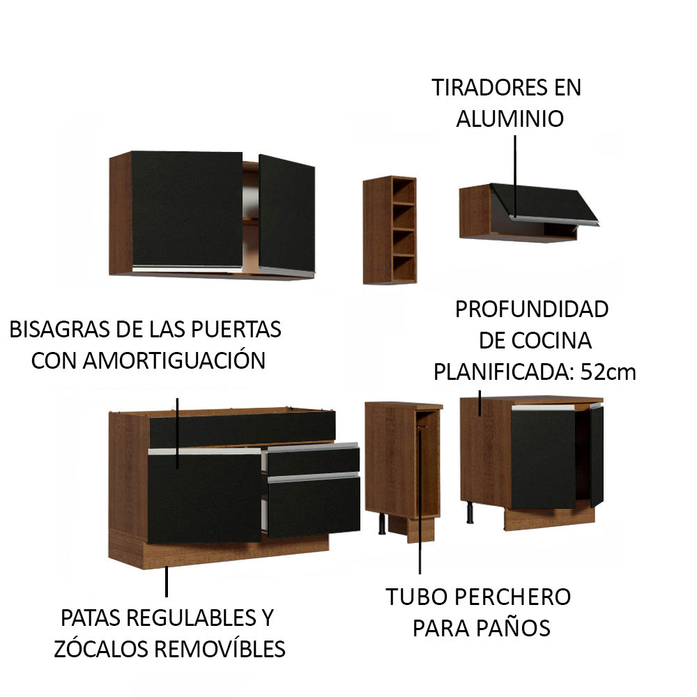 Cocina Compacta 220 x 52 cm 6 Puertas 2 Cajones Marrón/Negro Glamy Madesa 07