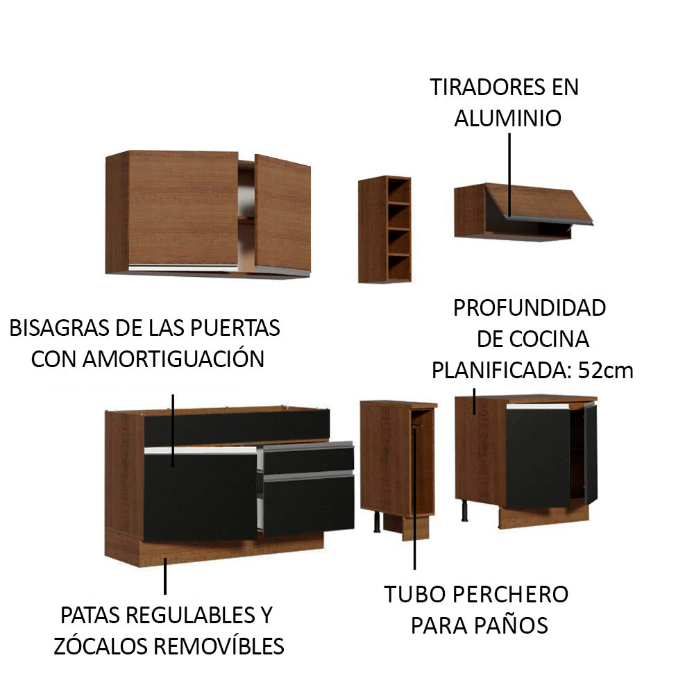 Cocina Compacta 220 x 52 cm 6 Puertas 2 Cajones Marrón/Negro Glamy Madesa 08
