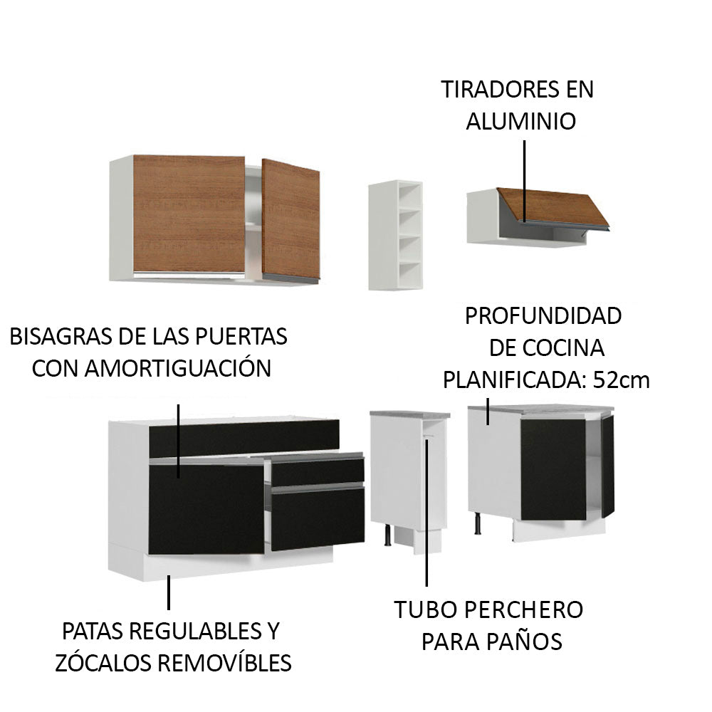 Cocina Integral 220cm Blanco/Marrón/Negro Glamy 03