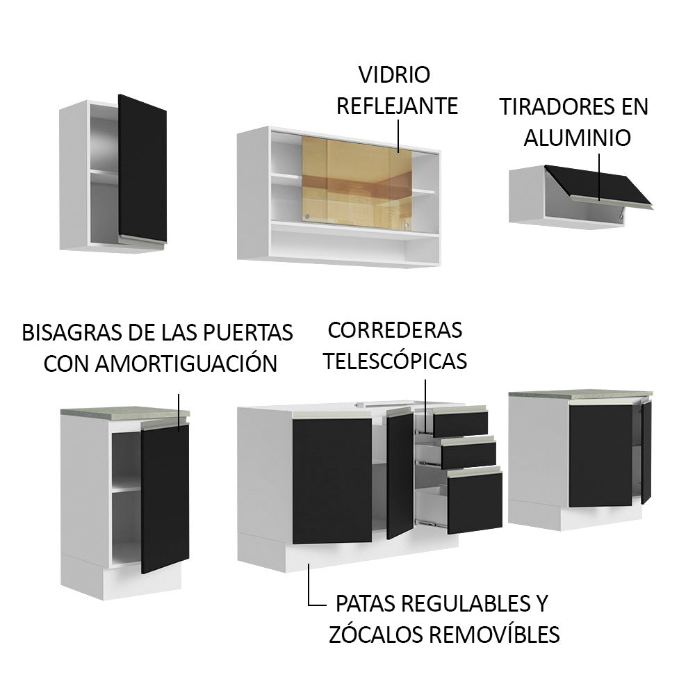 Cocina Integral 240 cm Blanco/Negro Glamy Madesa