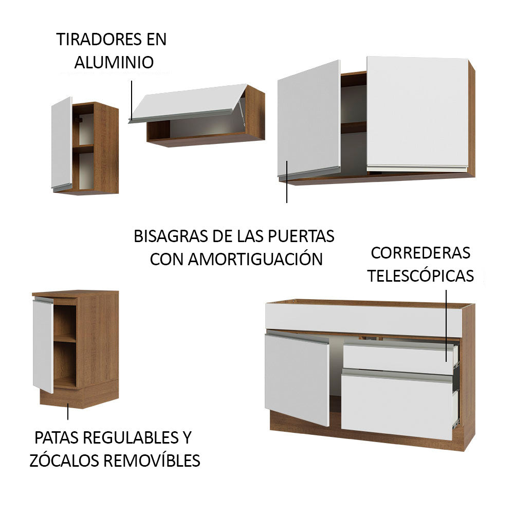 Cocina Integral 240 x 52 cm 6 Puertas 2 Cajones Marrón/Blanco Glamy Madesa 07