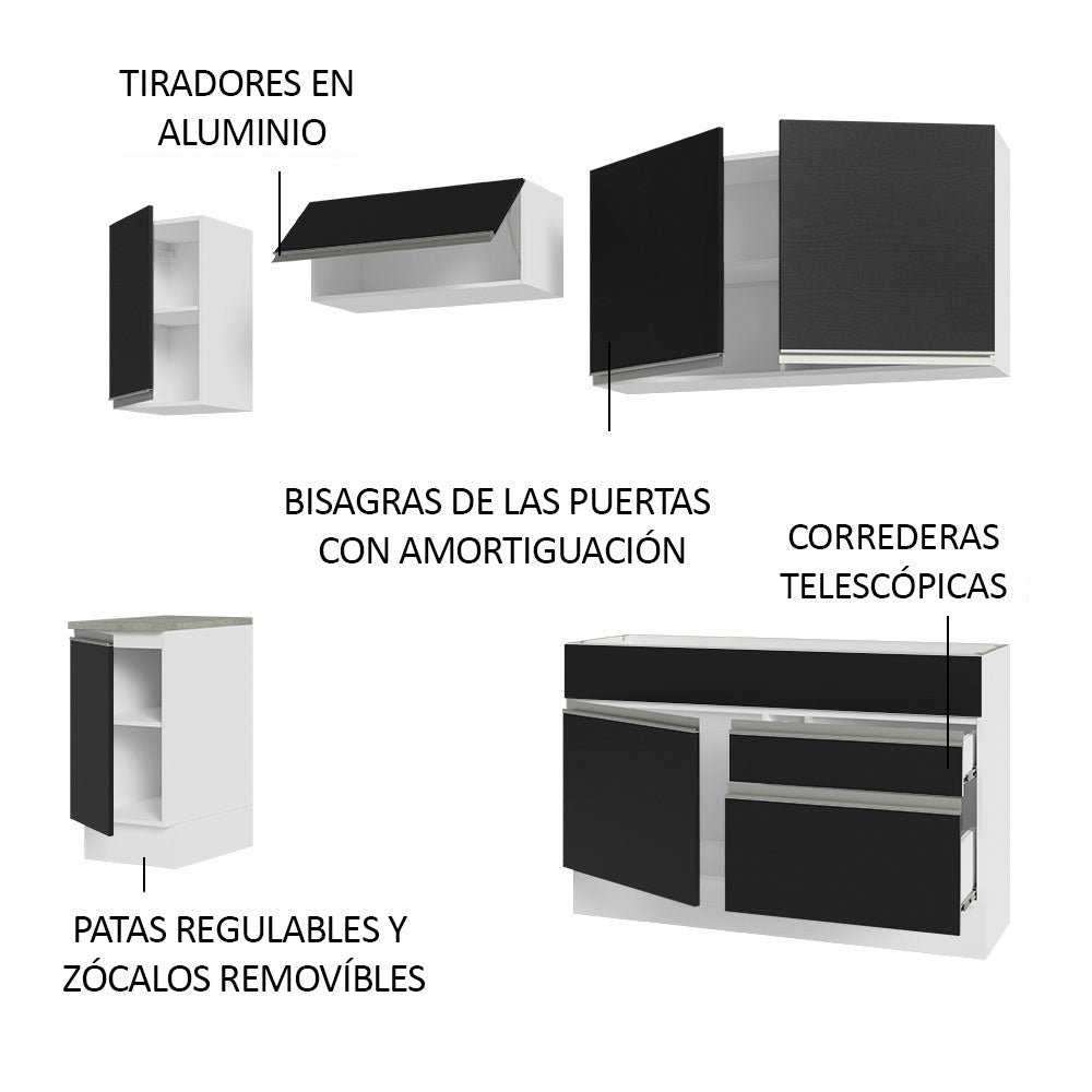 Cocina Integral 240 cm Blanco/Negro Glamy Madesa