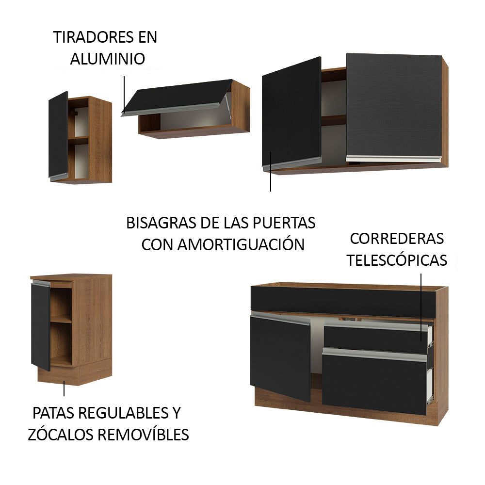 Cocina Integral 240 x 52 cm 6 Puertas 2 Cajones Marrón/Negro Glamy Madesa 07