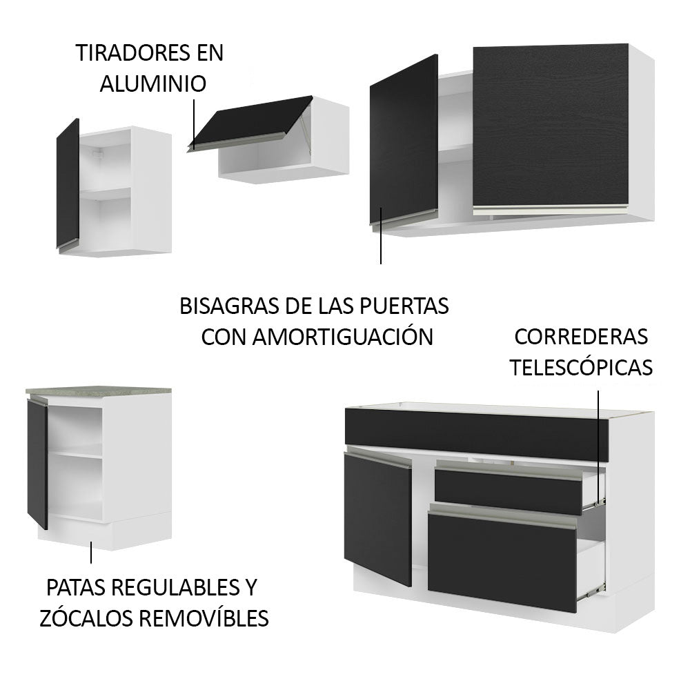 Cocina Integral 240 cm Blanco/Negro Glamy Madesa
