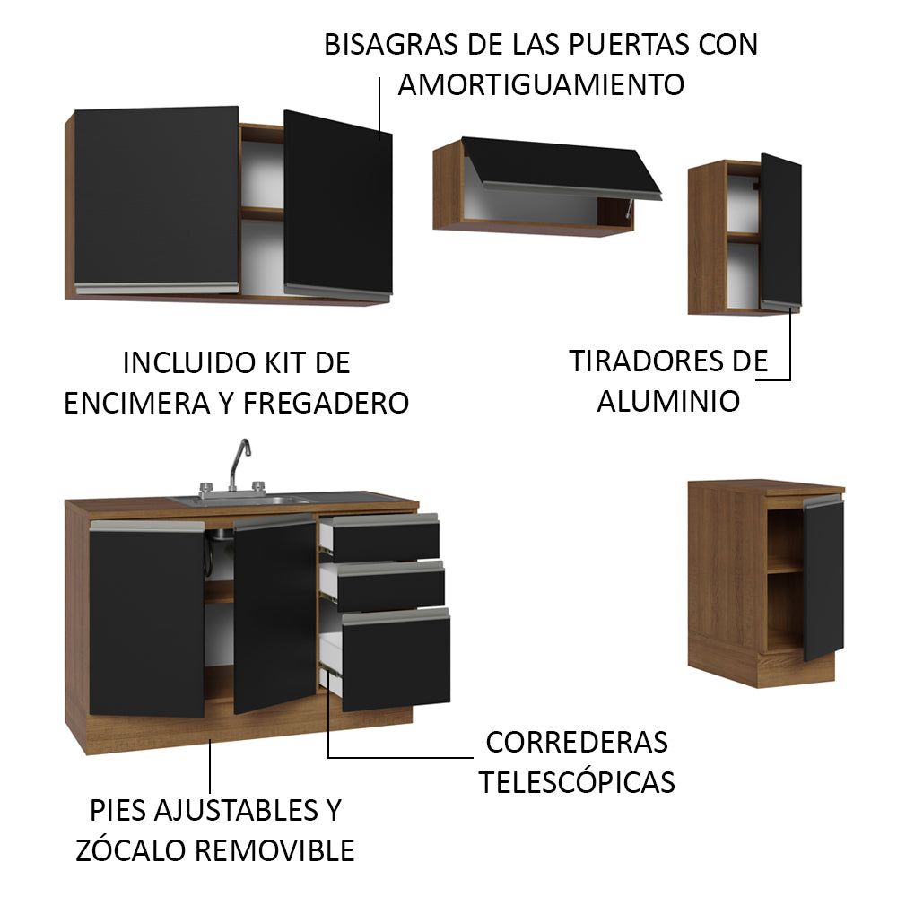 Cocina Integral 240 cm Con Fregadero y Accesorios de Cocina Marrón/Negro Glamy Madesa