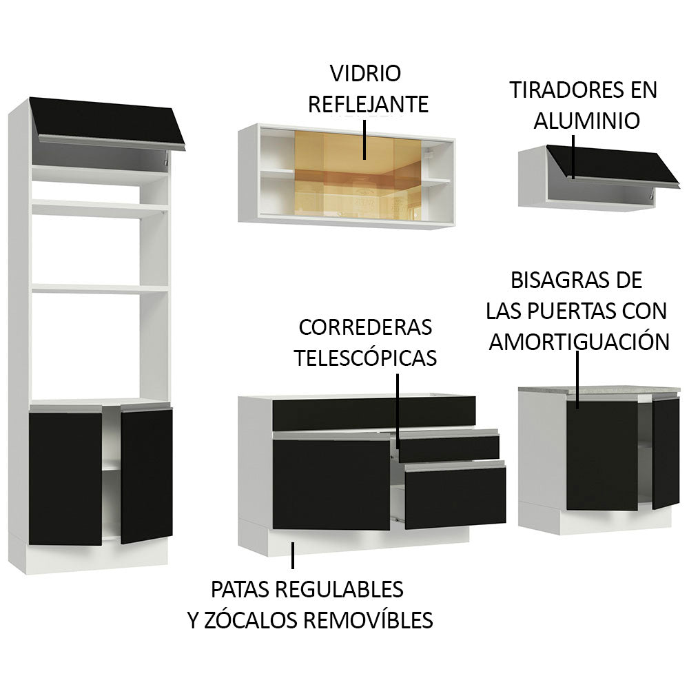 Cocina Integral 270 cm Con Mueble para Horno Blanco/Negro Glamy Madesa