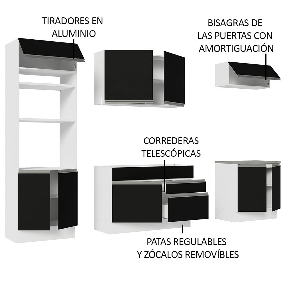 Cocina Integral 270 cm Con Mueble para Horno Blanco/Negro Glamy Madesa