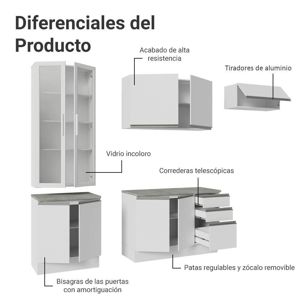 Cocina Integral 270 cm Con Vitrina Blanco Glamy Madesa