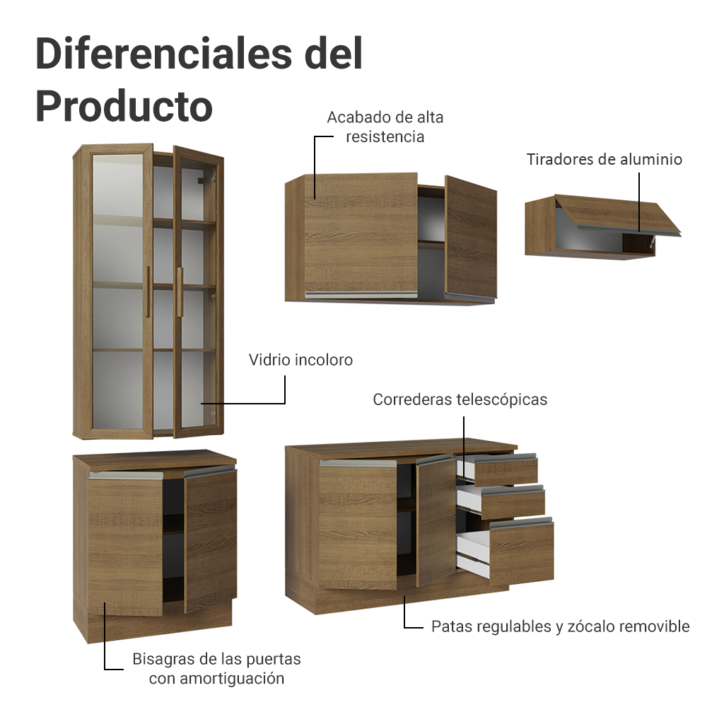 Cocina Integral 270 cm Con Vitrina Marrón Glamy Madesa