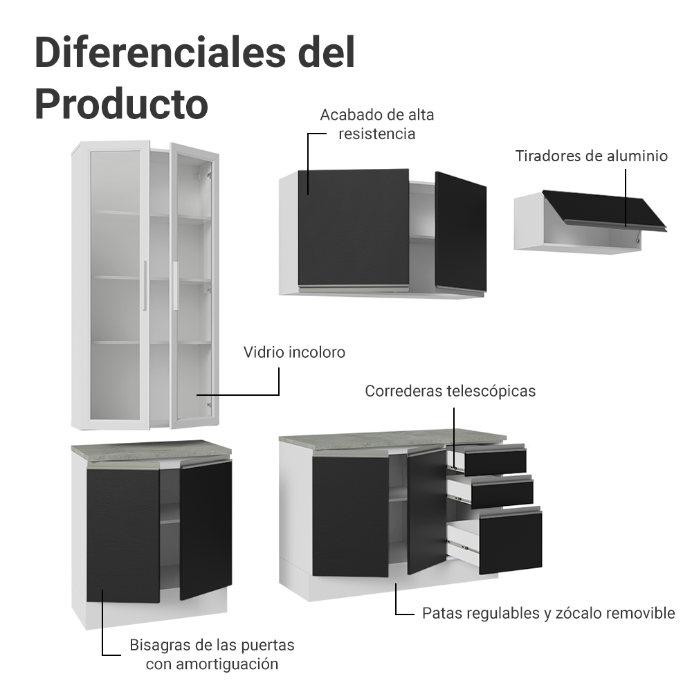 Cocina Integral 270cm Blanco/Negro Glamy 16