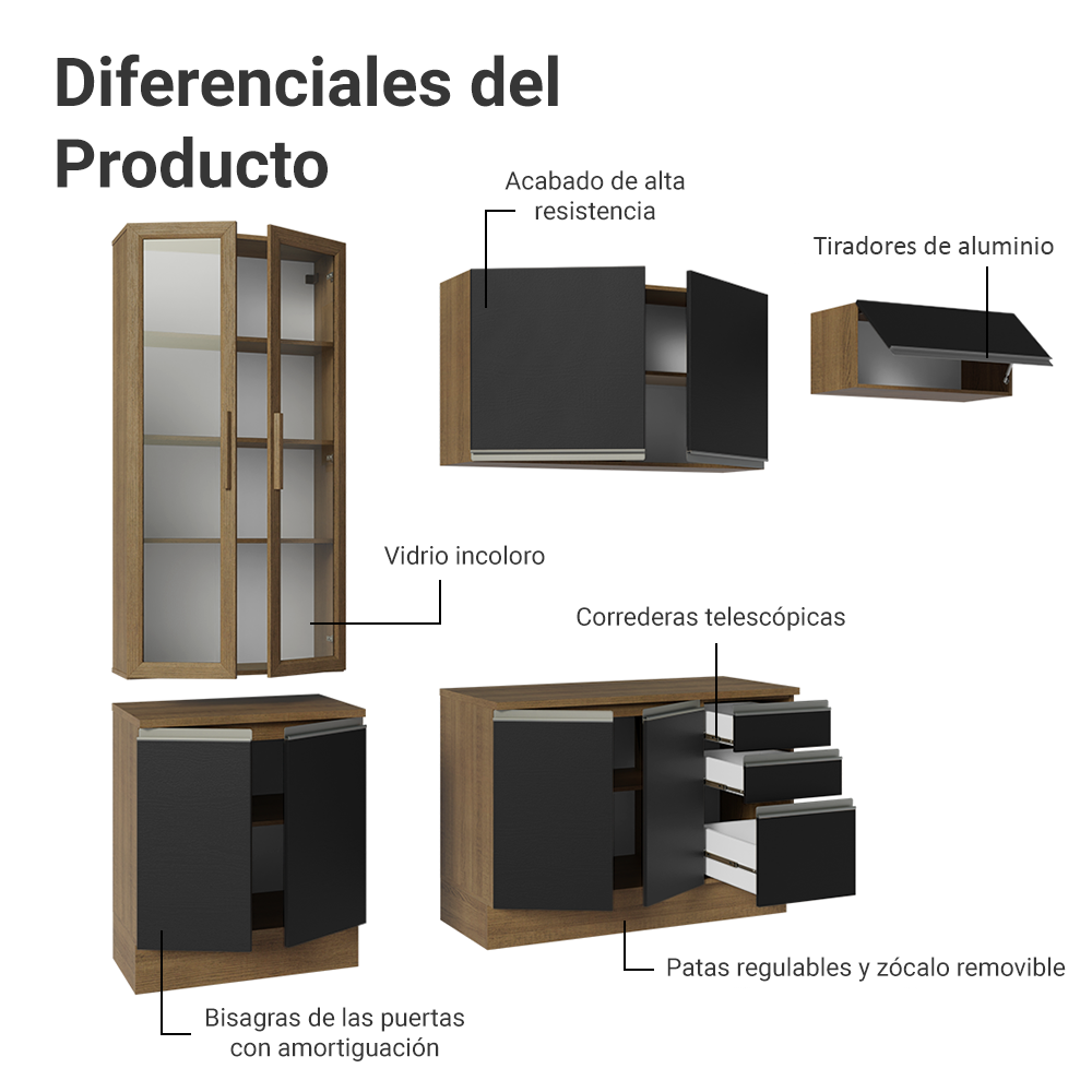 Cocina Integral 270 cm Con Vitrina Marrón/Negro Glamy Madesa