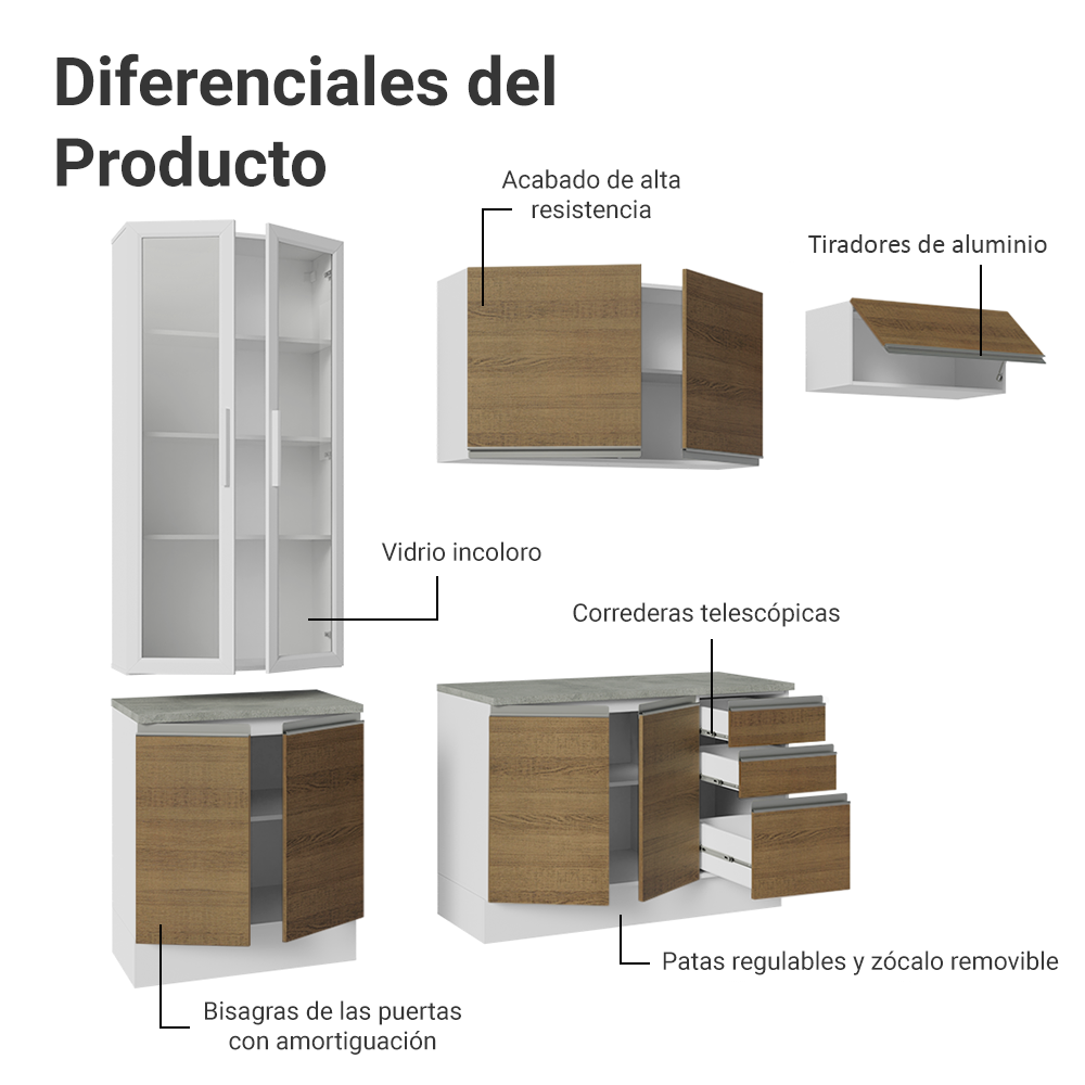 Cocina Integral 270 cm Con Vitrina Blanco/Marrón Glamy Madesa