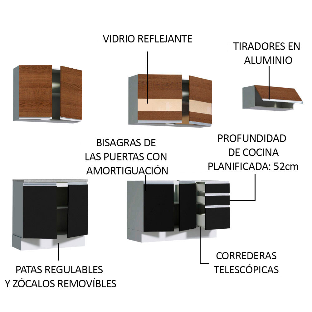 Cocina Integral 280 cm Blanco/Negro/Marrón Glamy Madesa