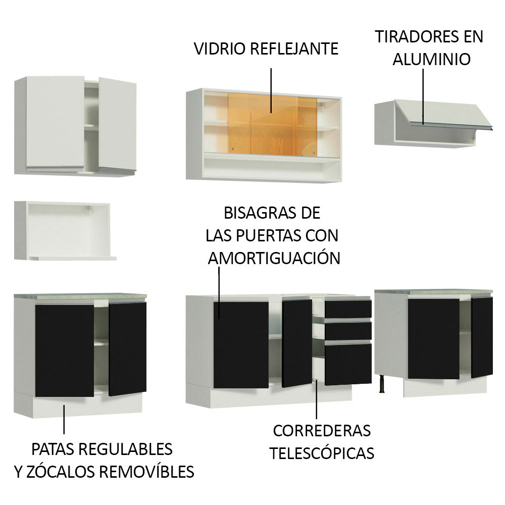 Cocina Integral 280 cm Blanco/Negro Glamy Madesa