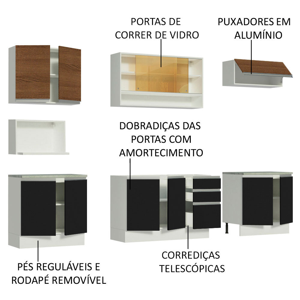 Cocina Integral 280cm Blanco/Negro/Marrón Glamy Genova