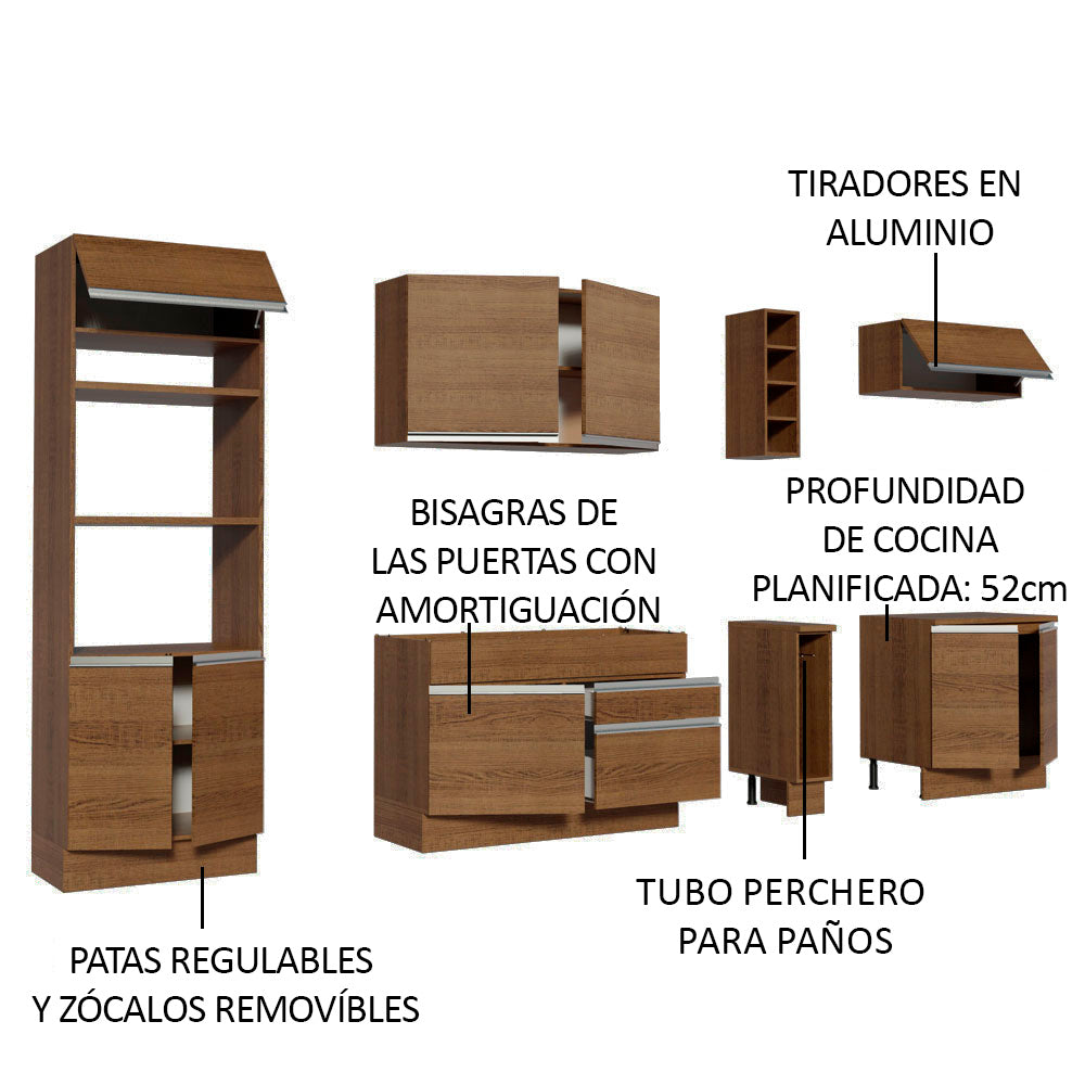Cocina Integral 290 x 52 cm 9 Puertas 2 Cajones Con Mueble para Horno Marrón Glamy Madesa 12