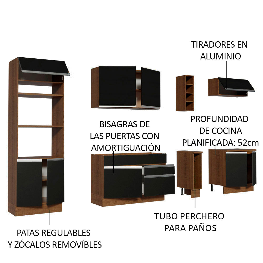 Cocina Integral 290 x 52 cm 9 Puertas 2 Cajones Con Mueble para Horno Marrón/Negro Glamy Madesa 02