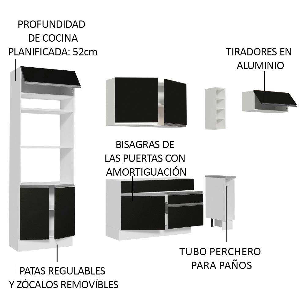 Cocina Integral 290 cm Con Mueble para Horno Blanco/Negro Glamy Madesa