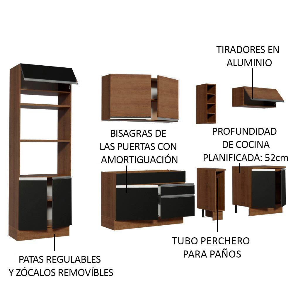 Cocina Integral 290 x 52 cm 9 Puertas 2 Cajones Con Mueble para Horno Marrón/Negro Glamy Madesa 07