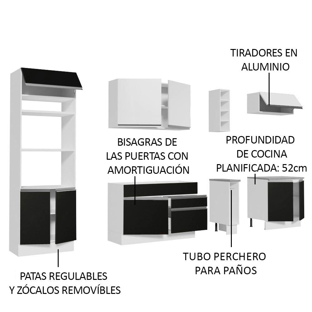 Cocina Integral 290 cm Con Mueble para Horno Blanco/Negro Glamy Madesa