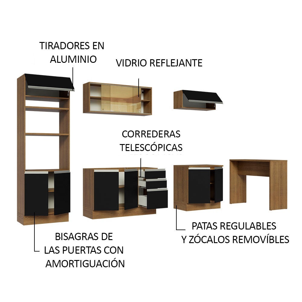 Kit Cocina Integral 315 cm y Barra de Cocina Marrón/Negro Glamy Madesa