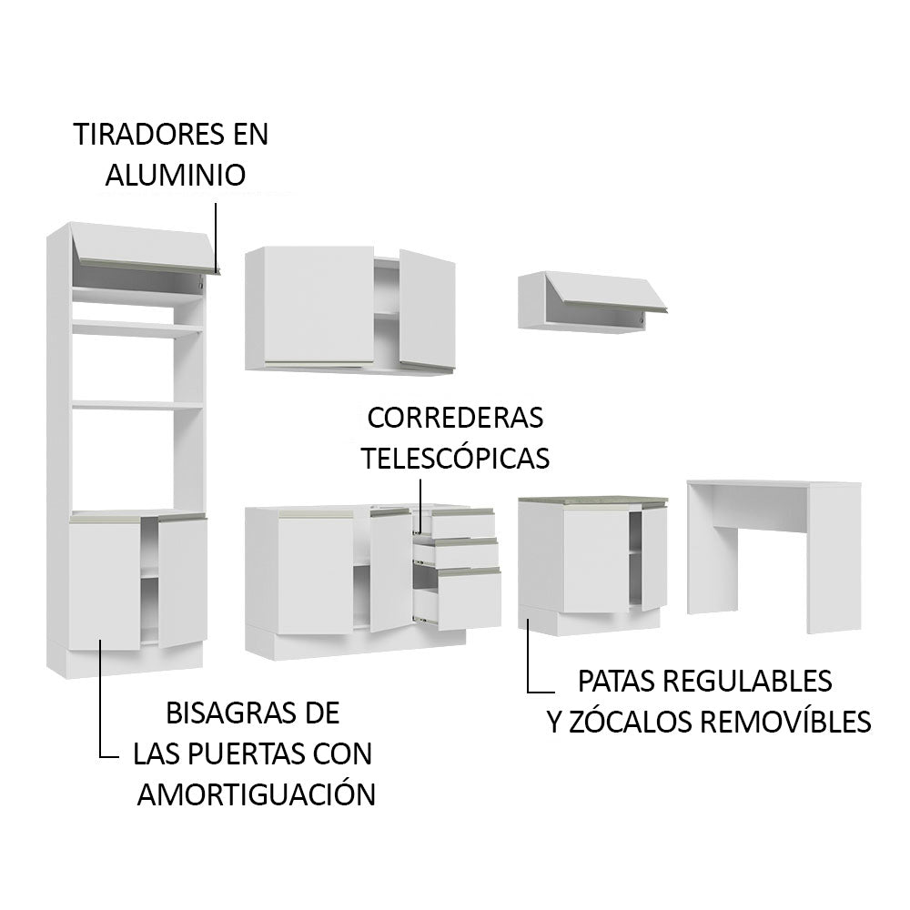 Kit Cocina Integral 385 cm Con Mueble para Horno y Barra de Cocina Blanco Glamy Madesa