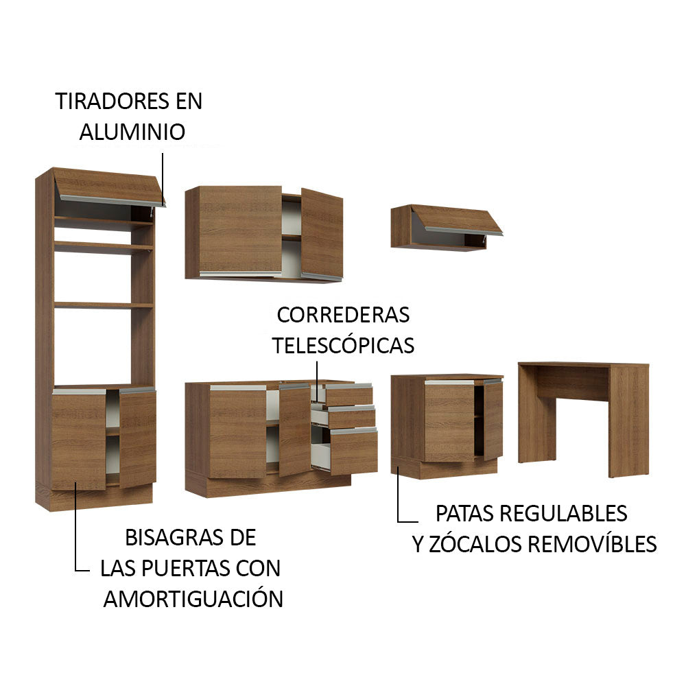 Kit Cocina Integral 385 cm y Barra de Cocina Marrón Glamy Madesa