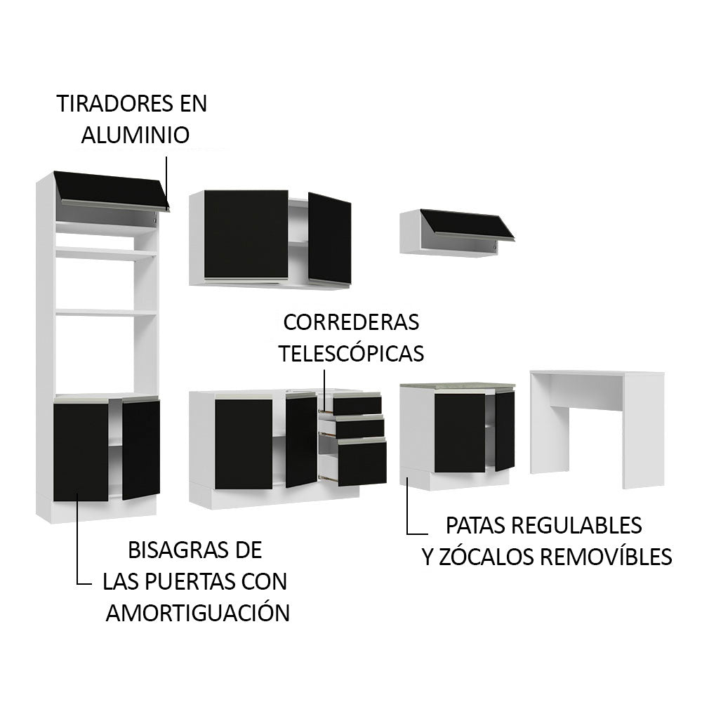 Kit Cocina Integral 385 cm y Barra de Cocina Blanco/Negro Glamy Madesa