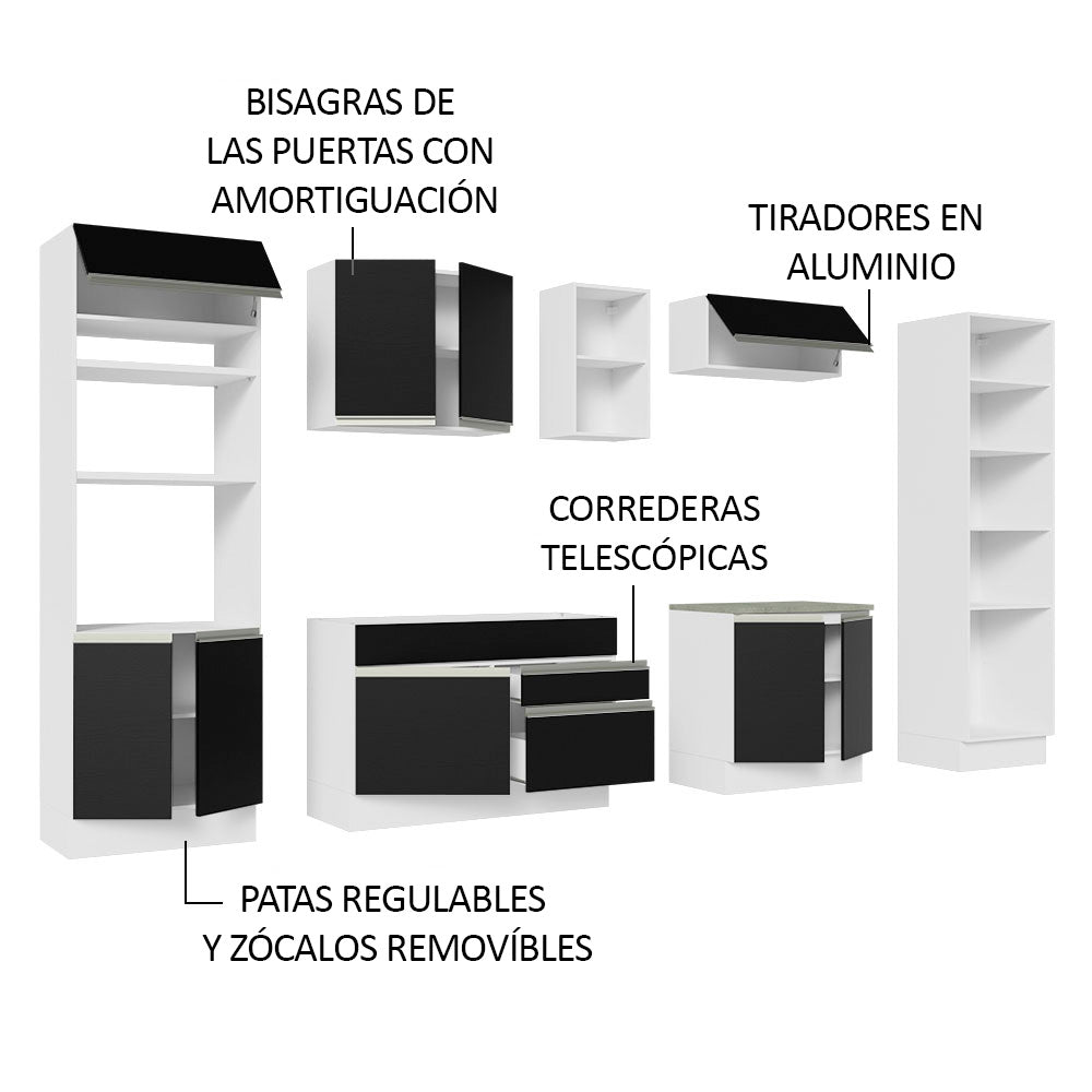 Cocina Integral 330 cm Con Mueble para Horno y Despensa Abierta Blanco/Negro Glamy Madesa