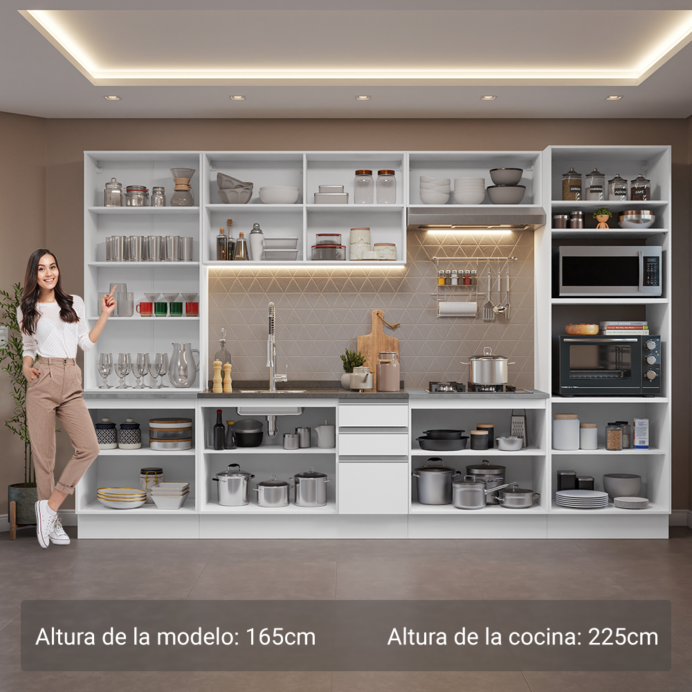 Cocina Integral 340 cm Con Vitrina y Mueble para Horno Blanco Glamy Madesa