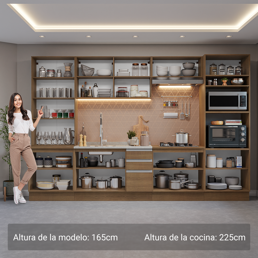 Cocina Integral 340 cm Con Vitrina y Mueble para Horno Marrón Glamy Madesa