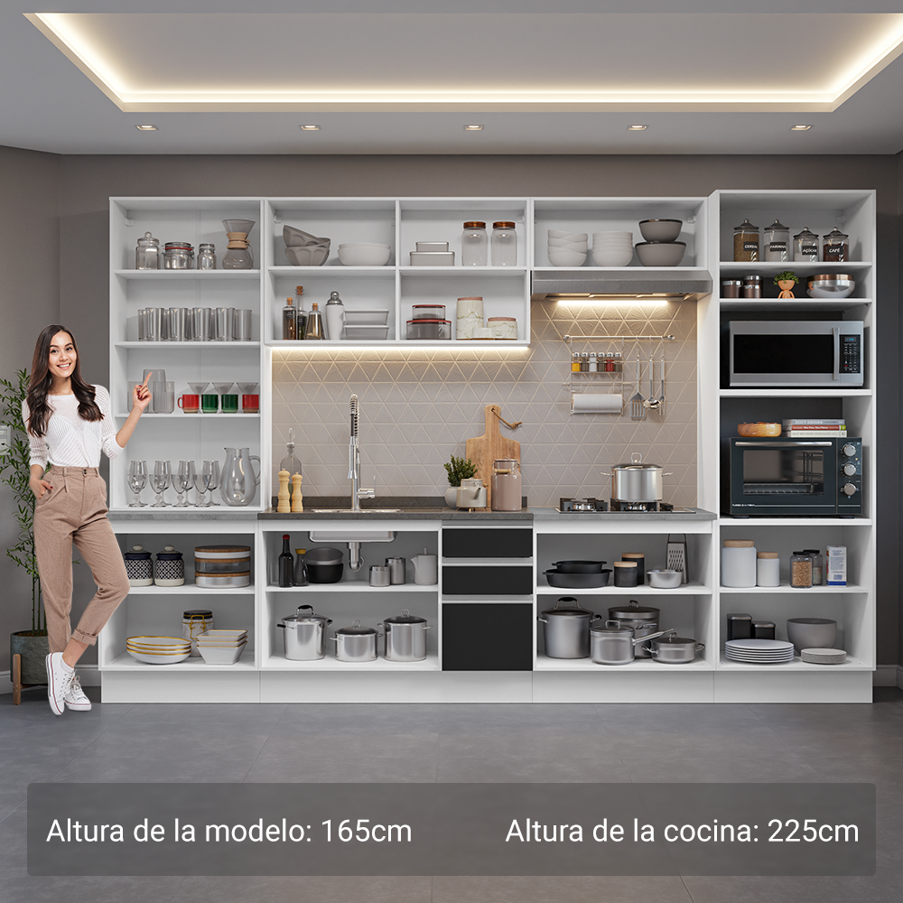 Cocina Integral 340 cm Con Vitrina y Mueble para Horno Blanco/Negro Glamy Madesa