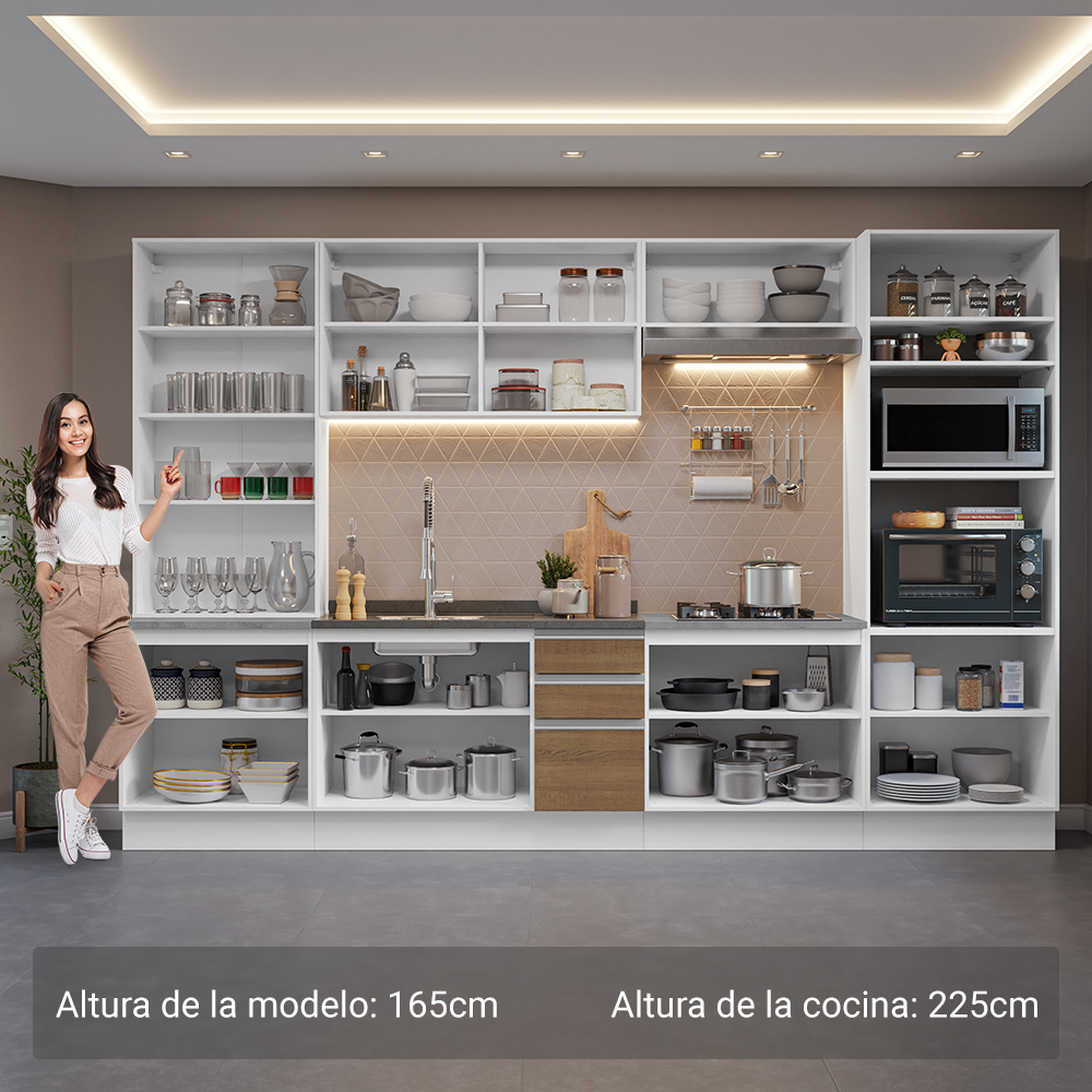 Cocina Integral 340 cm Con Vitrina y Mueble para Horno Blanco/Marrón Glamy Madesa