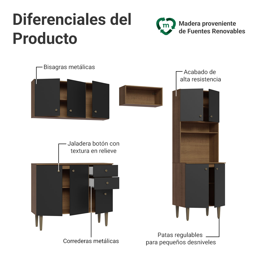 Cocina Compacta 235 cm Con Mueble para Horno Marrón/Negro Gourmet Madesa