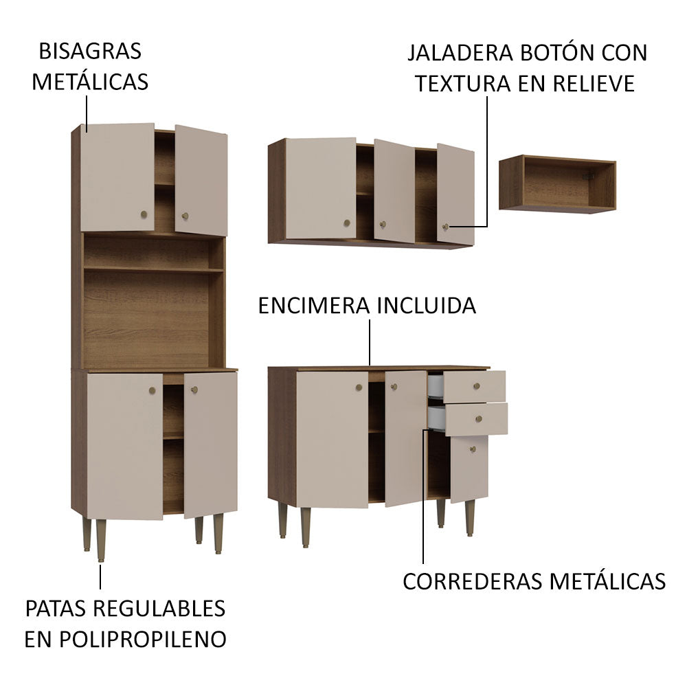 Cocina Compacta 235 cm Con Mueble para Horno Marrón/Crema Gourmet Madesa