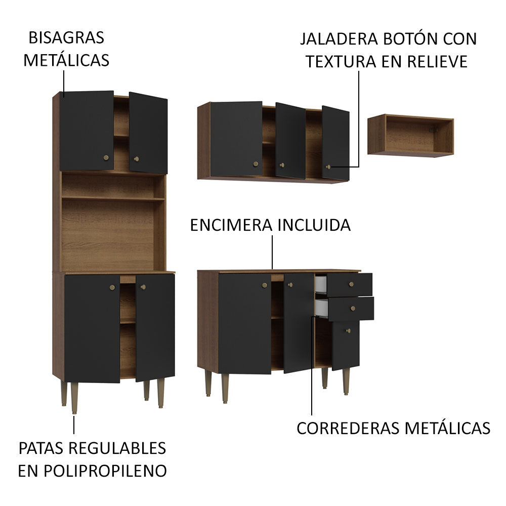 Cocina Compacta 235 cm Con Mueble para Horno Marrón/Negro Gourmet Madesa